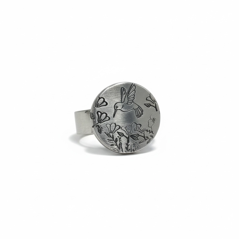 Handmade Hummingbird floral design silver aluminum adjustable medallion‎ Ring